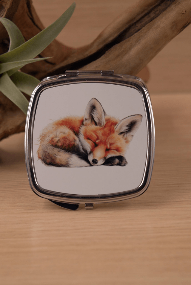 Sleeping Fox Cub Compact Mirror – Adorable & Woodland-Inspired Handbag Essential