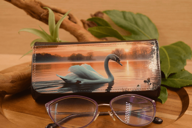 Spectacle Case Swan Lake Sunset Glasses Case – Elegant Golden & Pink Waterscape Design 
