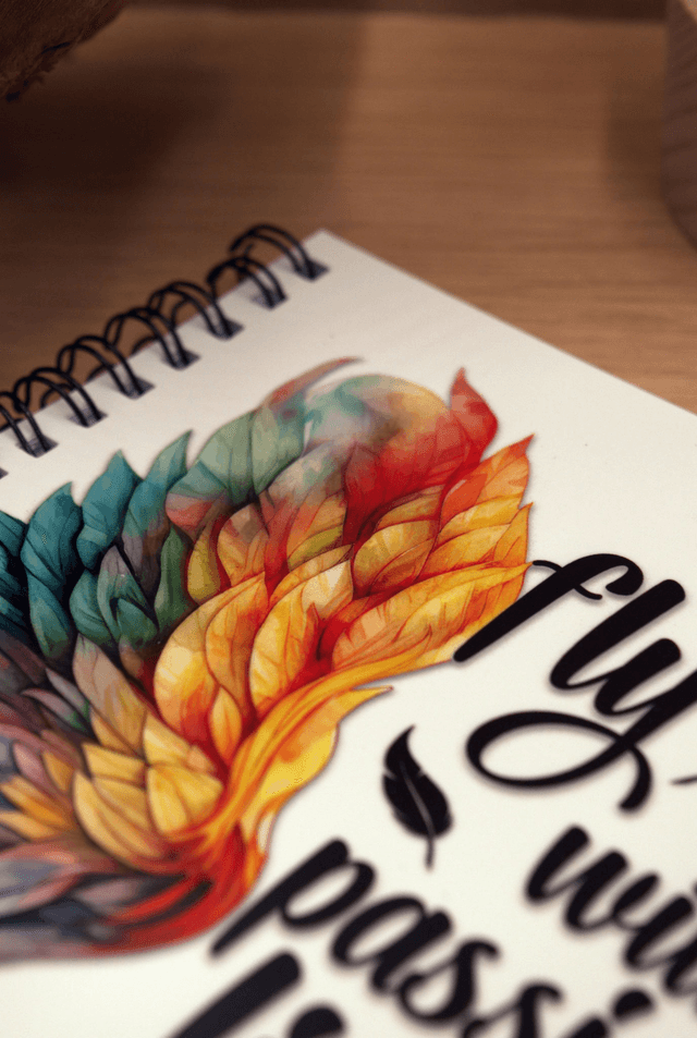 A5 Spiral Notebook – Fly with Passion, Live with Purpose Feather Design