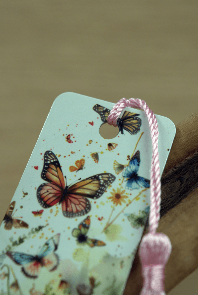Wildflower & Butterfly Aluminium Bookmark - Open Book Design with Pink Tassel