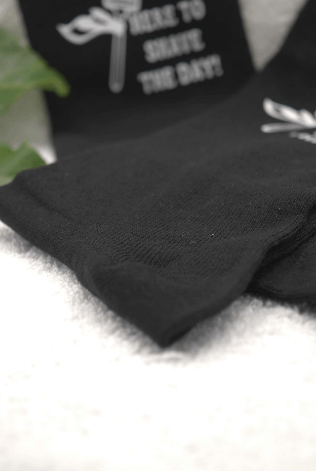 Bold Black Socks with Razor Motif | "Here to Shave the Day" by Lather & Dab