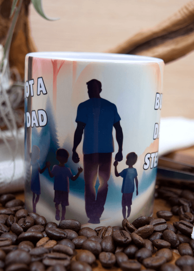 Mug: Silhouette of a Dad and Three Children Walking into a Forest at Sunset Design "I'm not a stepdad, but I am a dad that stepped up"