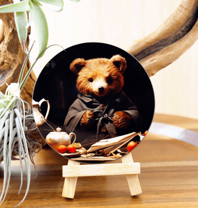 Round Coaster: Bear Seated at a Table with Teapot, Books & Fruits