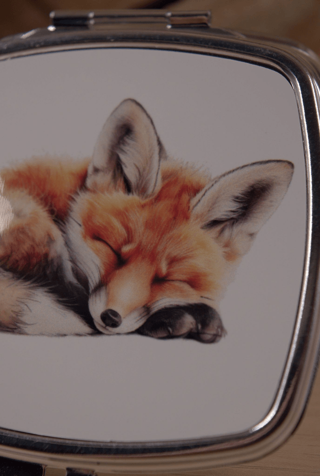 Sleeping Fox Cub Compact Mirror – Adorable & Woodland-Inspired Handbag Essential