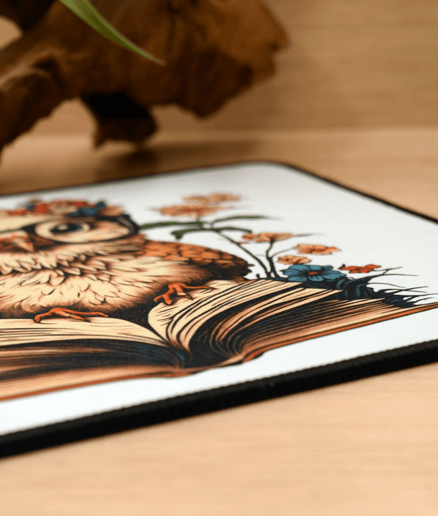 Wise Owl on Open Book Mouse Mat – Anti-Slip & Smooth Surface