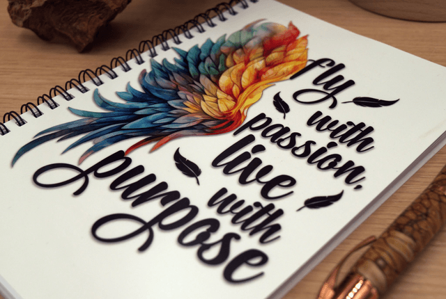 A5 Spiral Notebook – Fly with Passion, Live with Purpose Feather Design