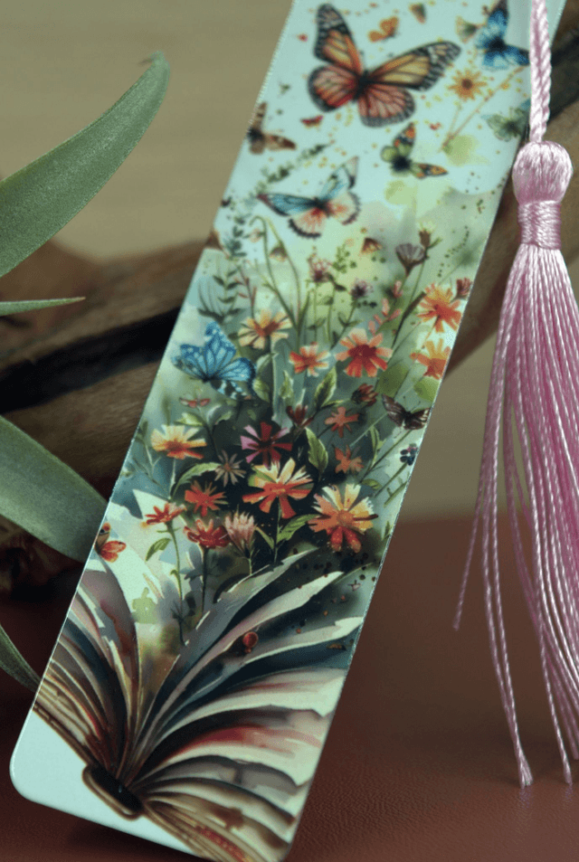 Wildflower & Butterfly Aluminium Bookmark - Open Book Design with Pink Tassel