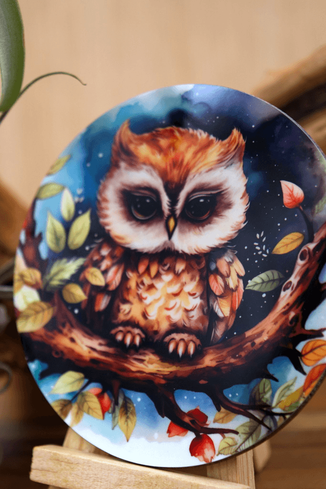 Coaster: Sleepy Owl on Night Branch – Unisub Sublimated Coaster