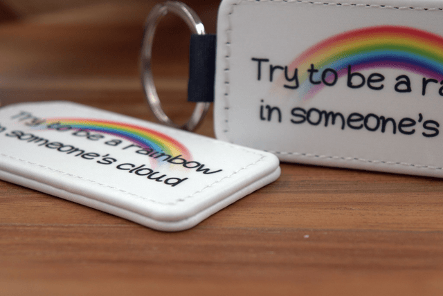 Key Ring – "Try to Be a Rainbow in Someone's Cloud," Rainbow Design, Double-Sided PU Leather Keychain