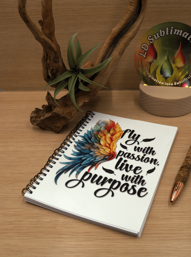 A5 Spiral Notebook – Fly with Passion, Live with Purpose Feather Design