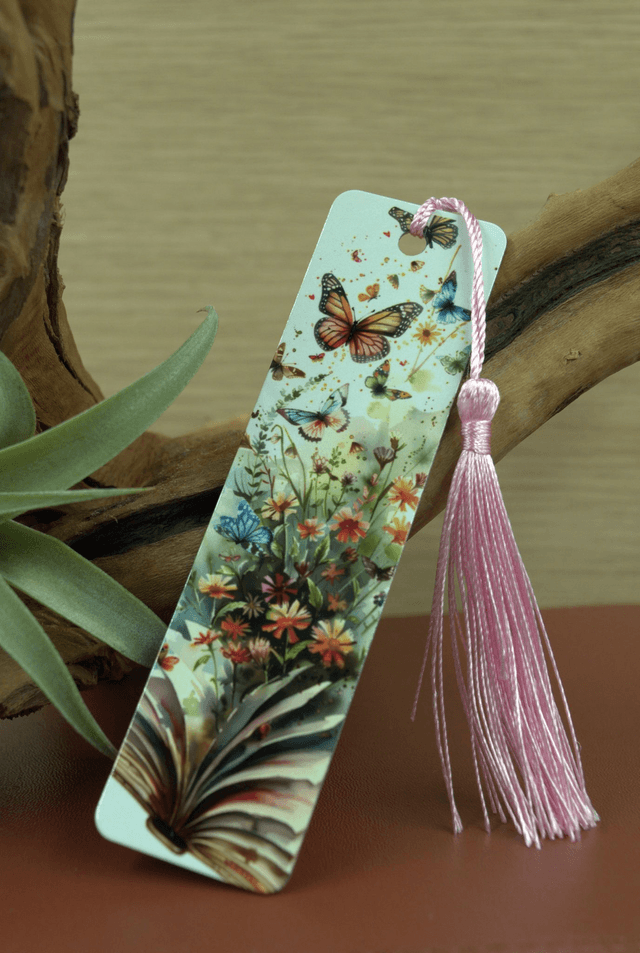 Wildflower & Butterfly Aluminium Bookmark - Open Book Design with Pink Tassel