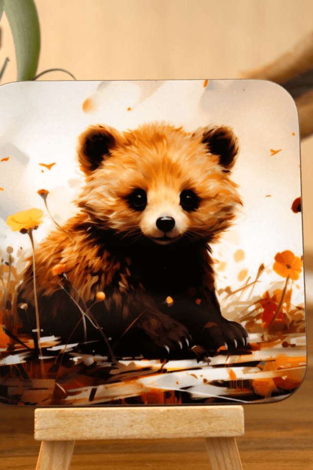 Square Coaster: Adorable Bear Cub Nestled in Lush Foliage Design
