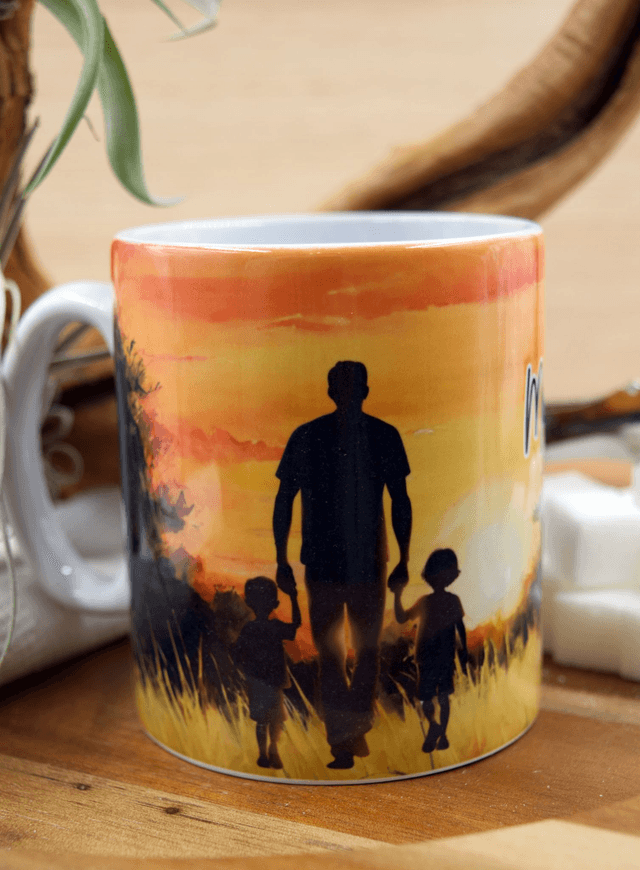 Mug: Silhouette of a Dad Walking with Two Children at Sunset Design