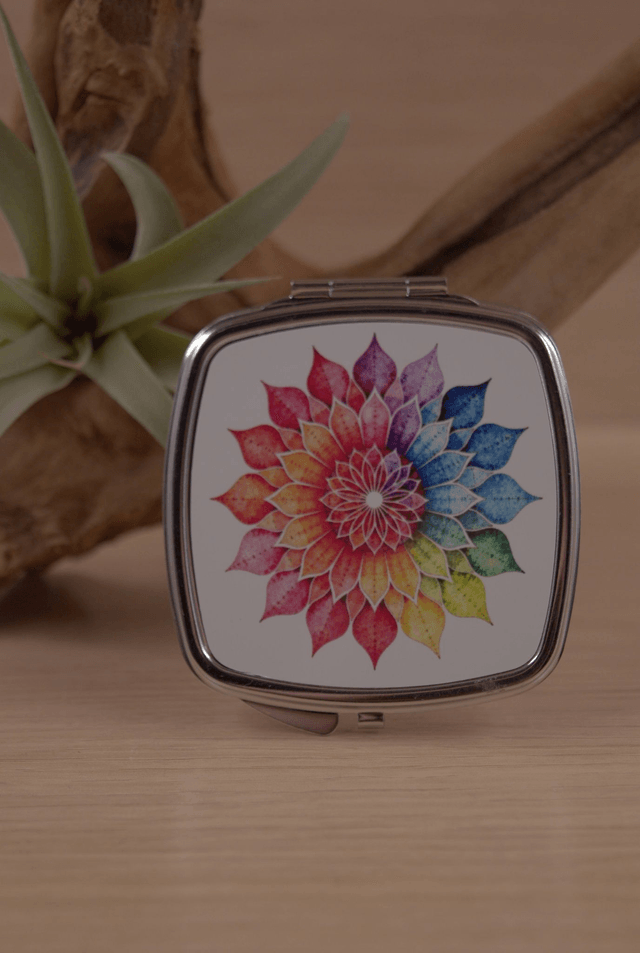Rainbow Mandala Compact Mirror – Vibrant & Stylish Handbag Essential 