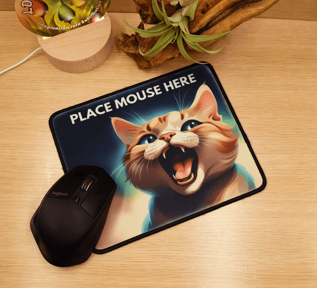 Playful Ginger Cat "Place Mouse Here" Mouse Mat – Anti-Slip & Smooth Surface 