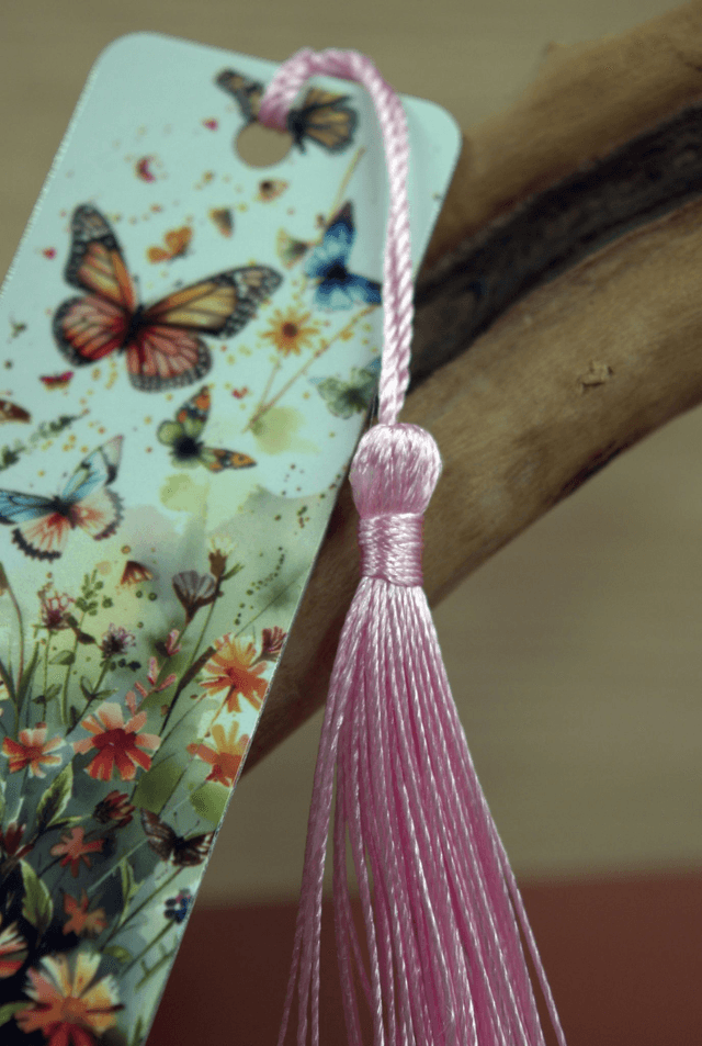 Wildflower & Butterfly Aluminium Bookmark - Open Book Design with Pink Tassel