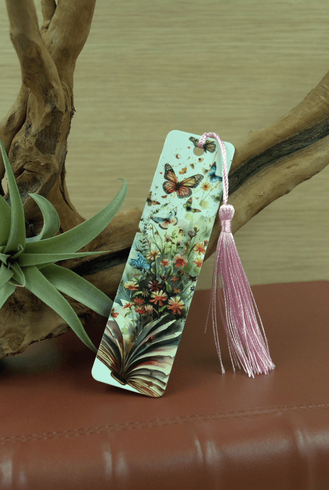 Wildflower & Butterfly Aluminium Bookmark - Open Book Design with Pink Tassel