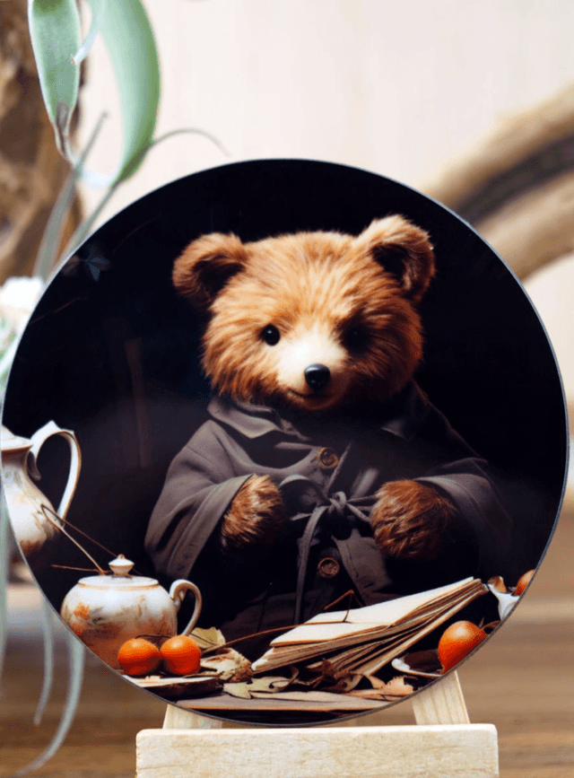Round Coaster: Bear Seated at a Table with Teapot, Books & Fruits