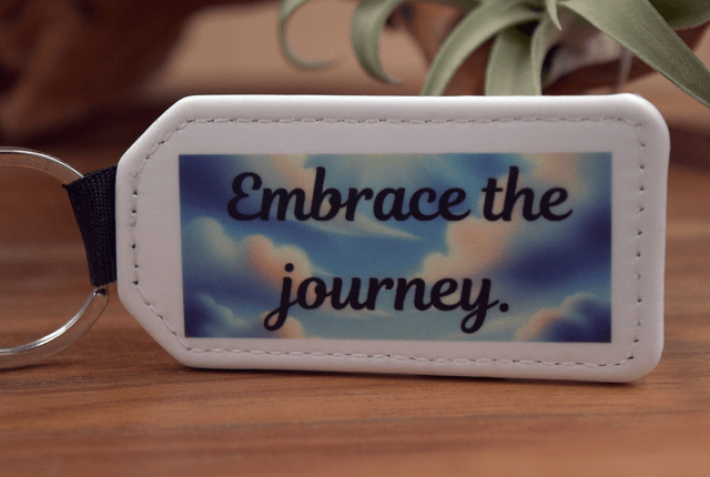Key Ring – "Embrace the Journey," Peaceful Sky Design, Double-Sided PU Leather Keychain