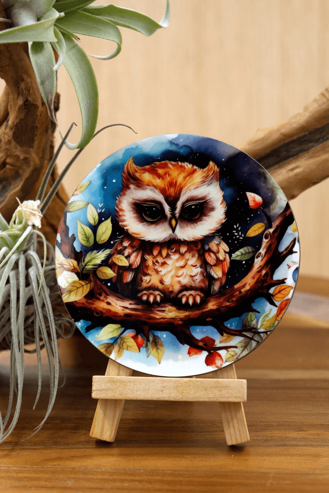 Coaster: Sleepy Owl on Night Branch – Unisub Sublimated Coaster