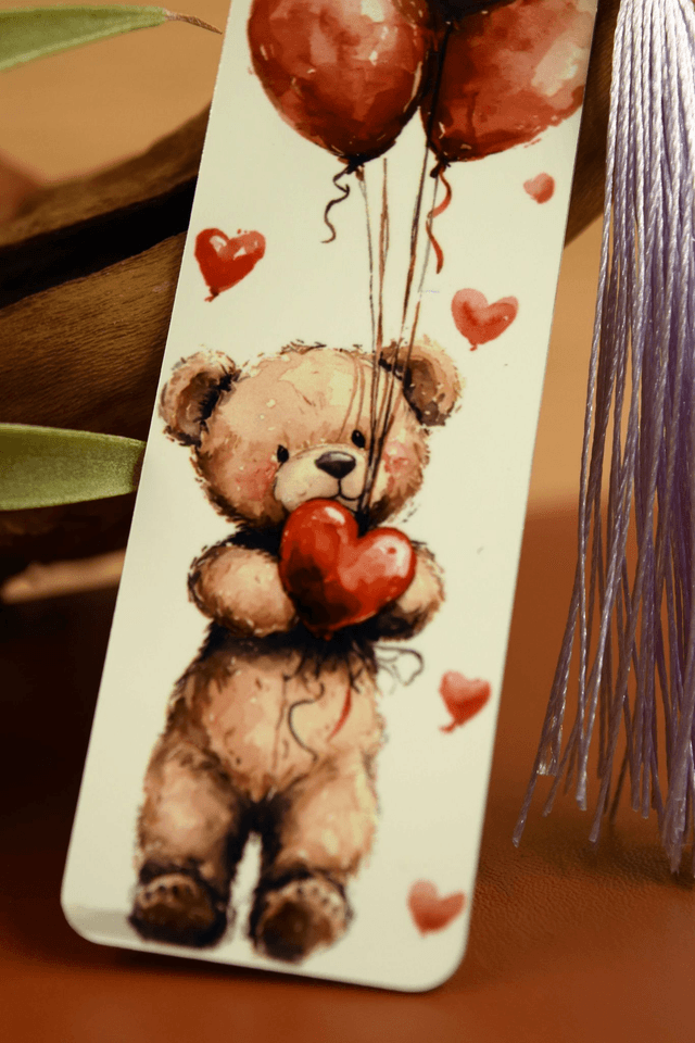 Cute Bear Bookmark – Adorable Design with Balloons & Heart 
