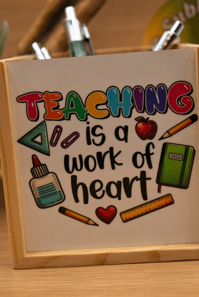 Teaching is a Work of Heart Pencil Pot – MDF Pen Holder, Sublimation Panel, Teachers Gift, Pens Not Included