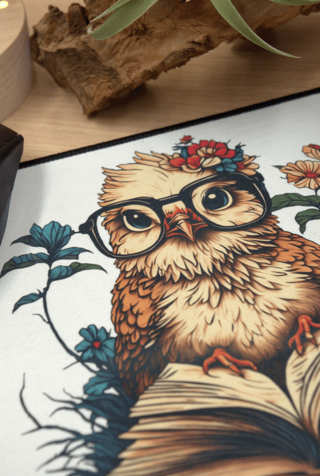 Wise Owl on Open Book Mouse Mat – Anti-Slip & Smooth Surface