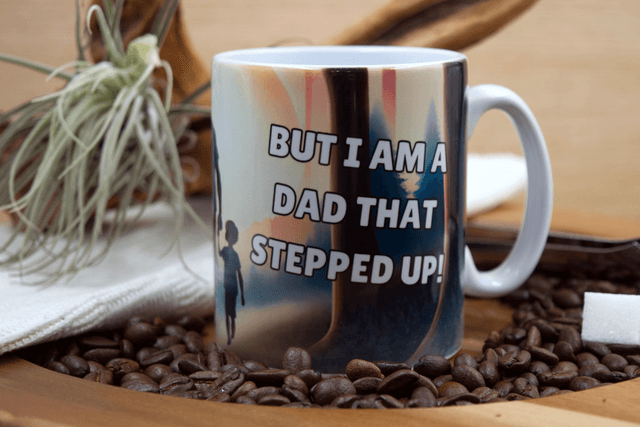 Mug: Silhouette of a Dad and Three Children Walking into a Forest at Sunset Design "I'm not a stepdad, but I am a dad that stepped up"