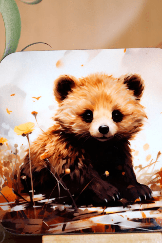 Square Coaster: Adorable Bear Cub Nestled in Lush Foliage Design