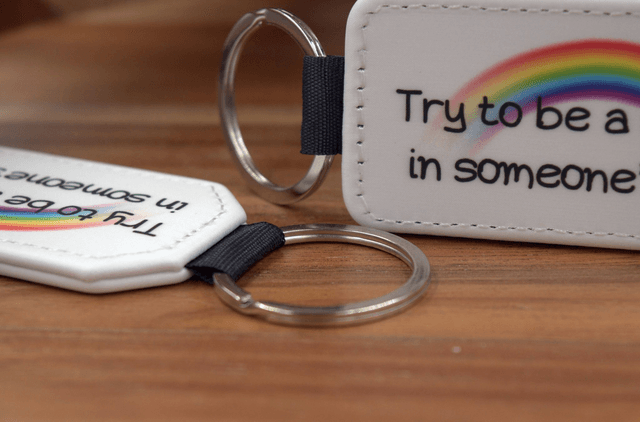Key Ring – "Try to Be a Rainbow in Someone's Cloud," Rainbow Design, Double-Sided PU Leather Keychain