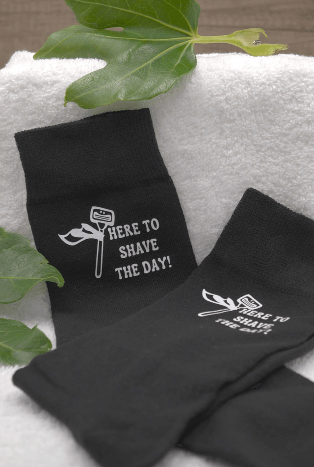Bold Black Socks with Razor Motif | "Here to Shave the Day" by Lather & Dab