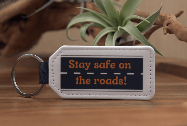 Key Ring – &quot;Stay Safe on the Roads!&quot; Road Outline Design, Double-Sided PU Leather Keychain 