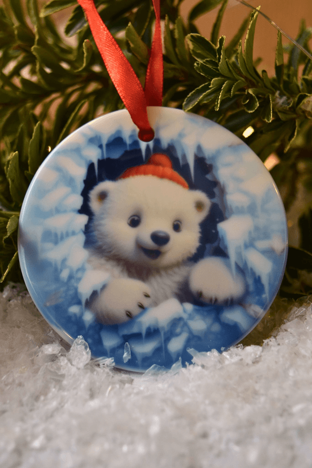 Round Ceramic Christmas Ornament – Smiling Polar Bear Design