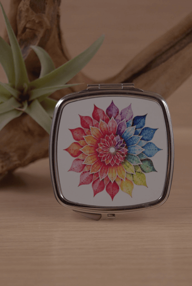 Rainbow Mandala Compact Mirror – Vibrant &amp; Stylish Handbag Essential 