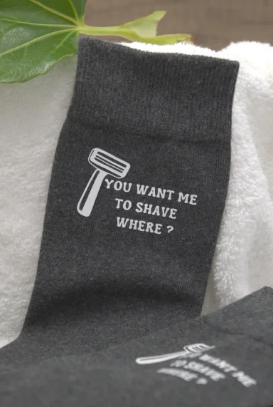 Quirky Grey Socks: 'You Want Me to Shave Where?' with Playful Razor Detailing